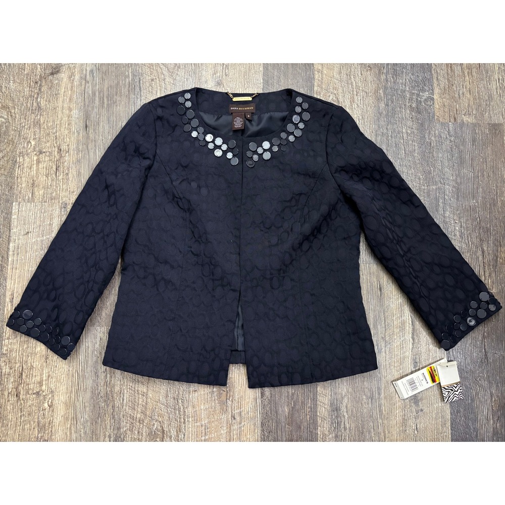 Dana Buchman Navy Blue Jacquard Paillette Embellished Collarless Jacket Size 8